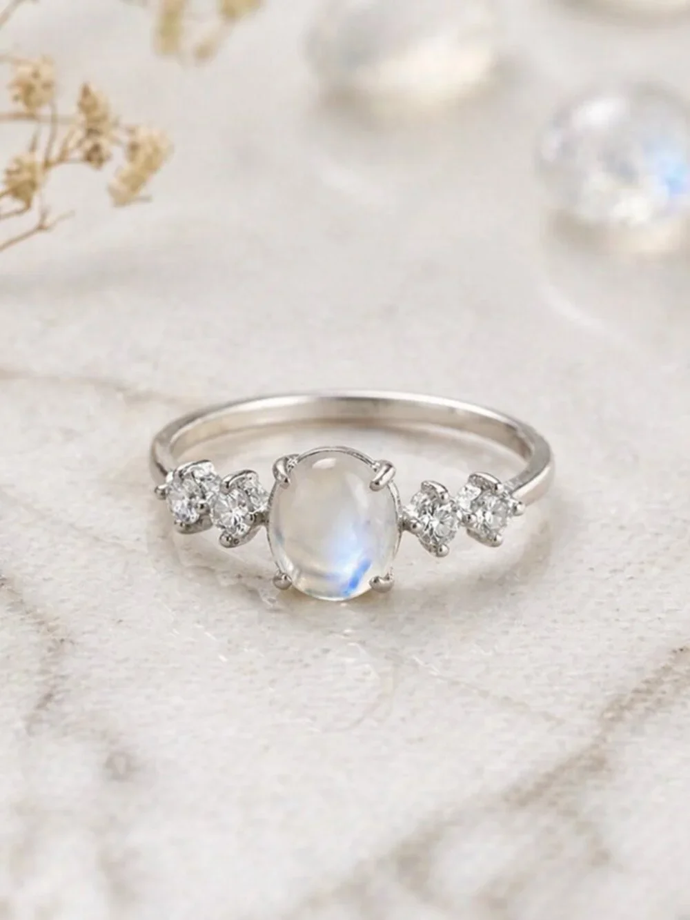 Celestial Dainty 925 Silver Genuine Moonstone CZ Minimalist Ring Size 6